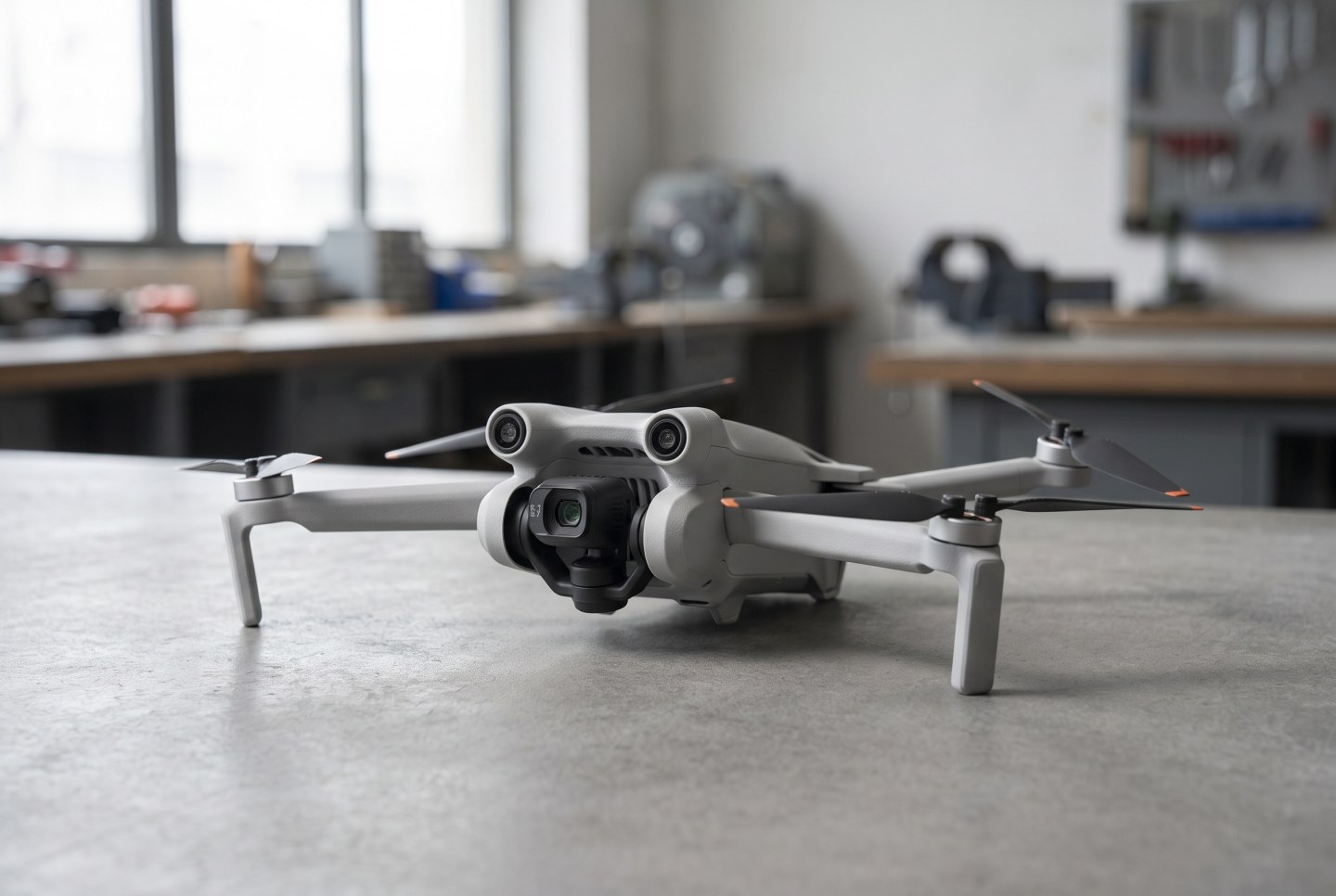 ภาพวาดจำลองสามมิติของโดรนขนาดเล็กสีเทารูปแบบ Quadcopter ปีกพับเก็บได้พร้อมกิมบอลกล้องหน้า