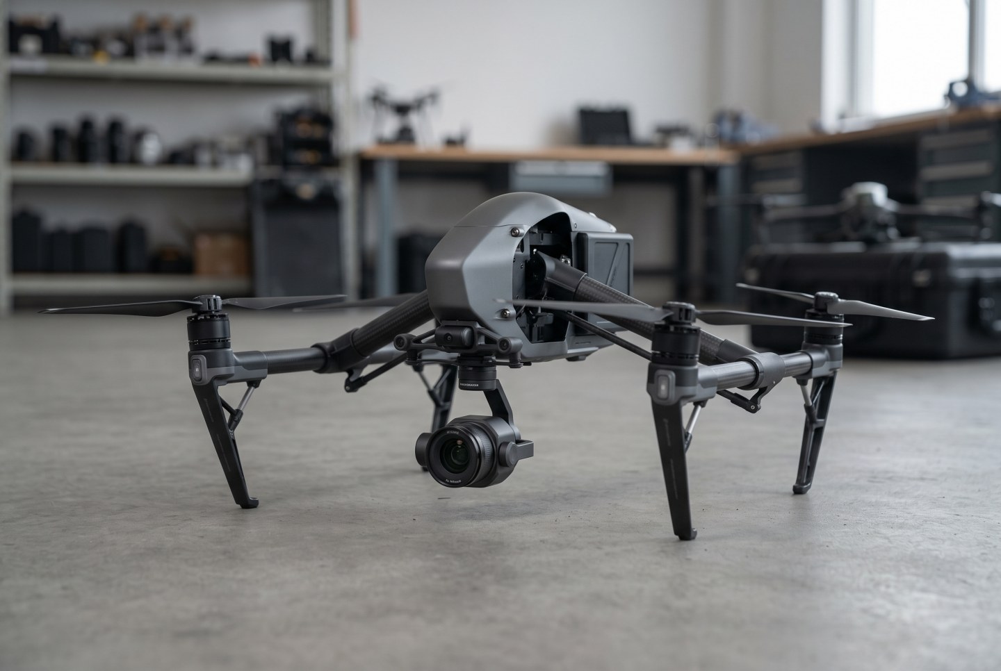 ภาพประกอบจำลองทางเทคนิคของอากาศยานไร้คนขับระดับมืออาชีพ DJI Inspire 3 พร้อมกล้องฟูลเฟรม Zenmuse X9-8K Air สร้างขึ้นด้วย AI เพื่อการวิเคราะห์