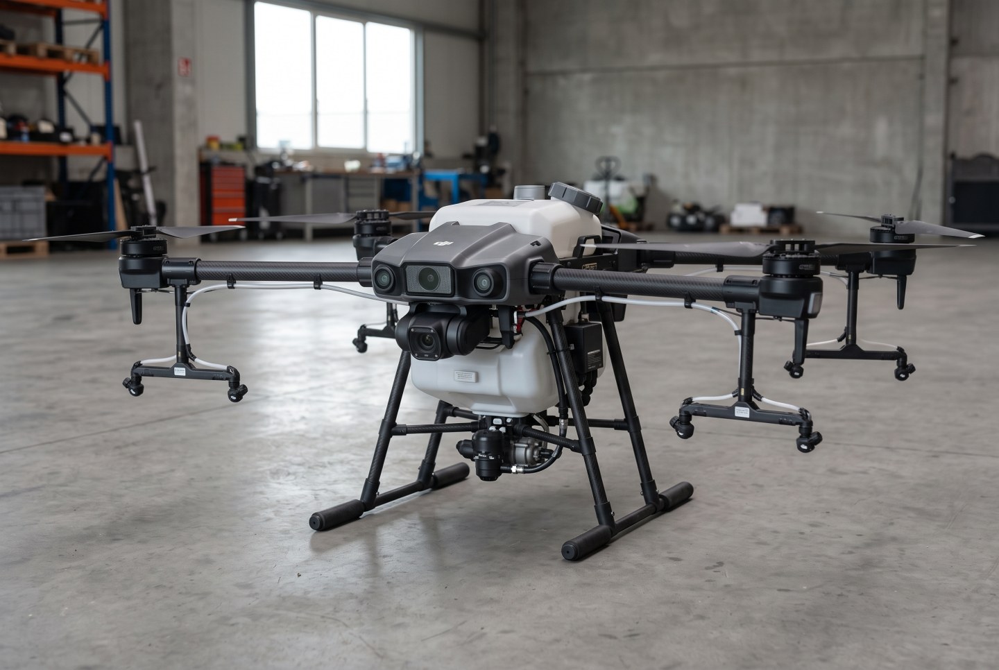 ภาพกราฟิก AI จำลองโดรนเกษตร DJI Agras T50 โครงสร้าง 4 แขน 8 ใบพัด พร้อมถังพ่นของเหลว ไม่ใช่ภาพสินค้าจริงสำหรับขาย