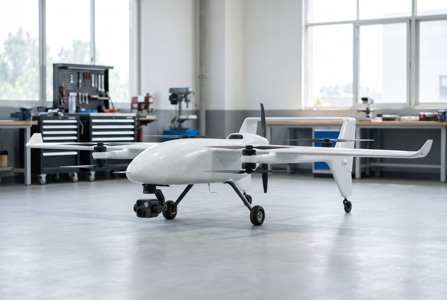 ภาพประกอบ AI แสดงอากาศยานไร้คนขับปีกตรึงไฮบริดสีขาวทรง eVTOL สำหรับงานตรวจสอบระดับองค์กร
