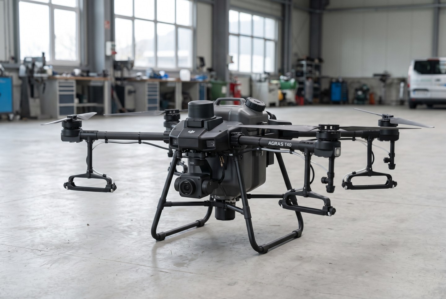 ภาพวาดจำลองสามมิติด้วย AI แสดงโดรนการเกษตรสเปกใกล้เคียง DJI Agras T40 พับแขนโรเตอร์คู่บนพื้นผิวดิจิทัล ไม่ใช่ภาพถ่ายสินค้าจริง