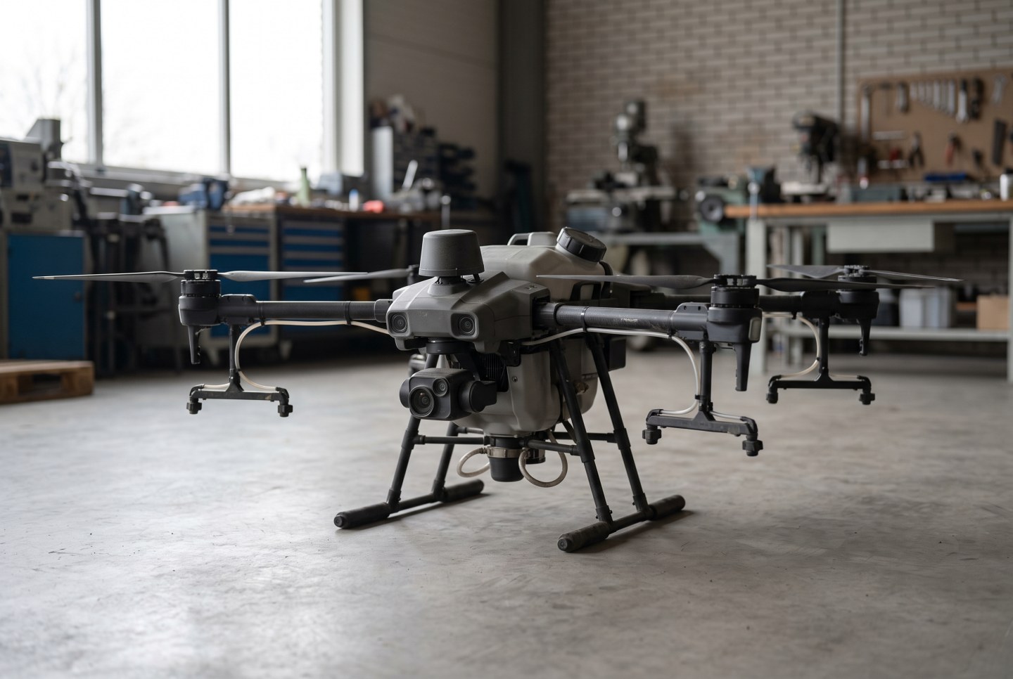 ภาพประกอบ AI แสดงโดรนเพื่อการเกษตร DJI Agras T25 สี่ใบพัดพร้อมระบบหัวพ่นหมุนเหวี่ยง ไม่ใช่ภาพเครื่องจริงสำหรับขาย