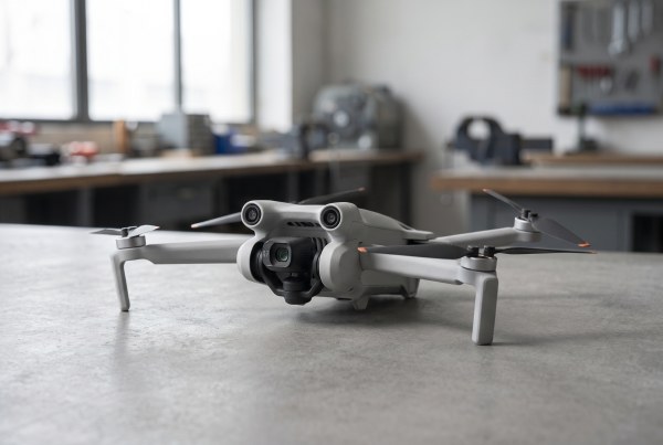 ภาพวาดจำลองสามมิติของโดรนขนาดเล็กสีเทารูปแบบ Quadcopter ปีกพับเก็บได้พร้อมกิมบอลกล้องหน้า