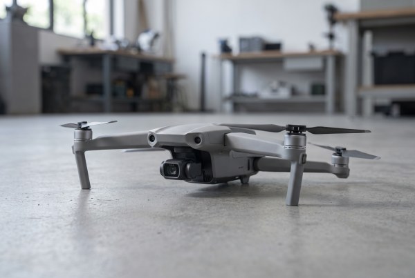 ภาพประกอบจำลองด้วยคอมพิวเตอร์แสดงมุมมองสามมิติของโดรน DJI Mavic Air 2 สีเทาสำหรับบทความรีวิว