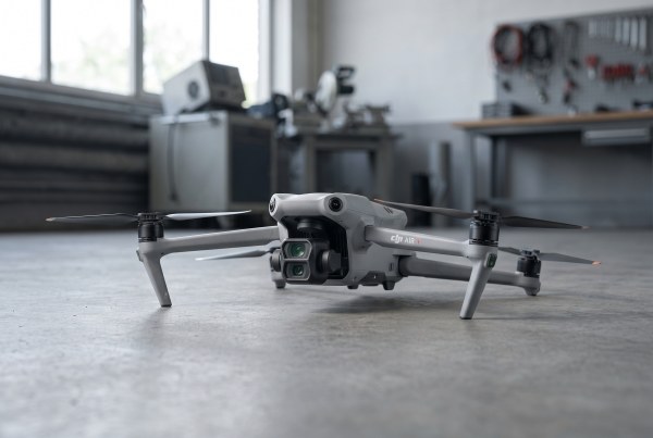 ภาพกราฟิกจำลองสามมิติแสดงโครงสร้างโดรน DJI Air 3 พร้อมระบบกล้องคู่และระบบเซนเซอร์รอบทิศทาง ไม่ใช่ภาพถ่ายสินค้าจริง