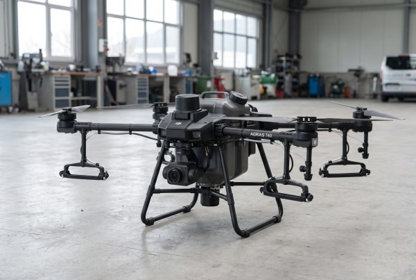 ภาพวาดจำลองสามมิติด้วย AI แสดงโดรนการเกษตรสเปกใกล้เคียง DJI Agras T40 พับแขนโรเตอร์คู่บนพื้นผิวดิจิทัล ไม่ใช่ภาพถ่ายสินค้าจริง