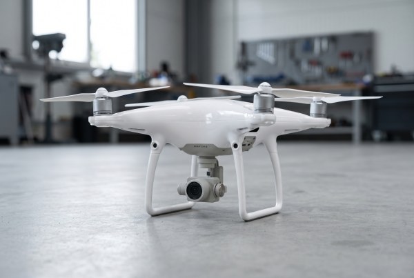 ภาพประกอบจำลองด้วย AI แสดงโดรน DJI Phantom 4 Pro V2.0 สีขาวบนฐานรองรับ ไม่ใช่ภาพสินค้าจริงสำหรับขาย