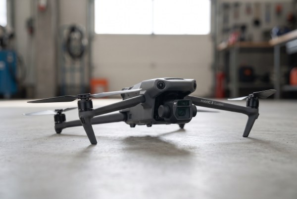 ภาพวาดจำลองสามมิติแสดงโครงสร้างโดรน DJI Mavic 3 Classic พร้อมกล้อง Hasselblad แบบมุมกว้าง